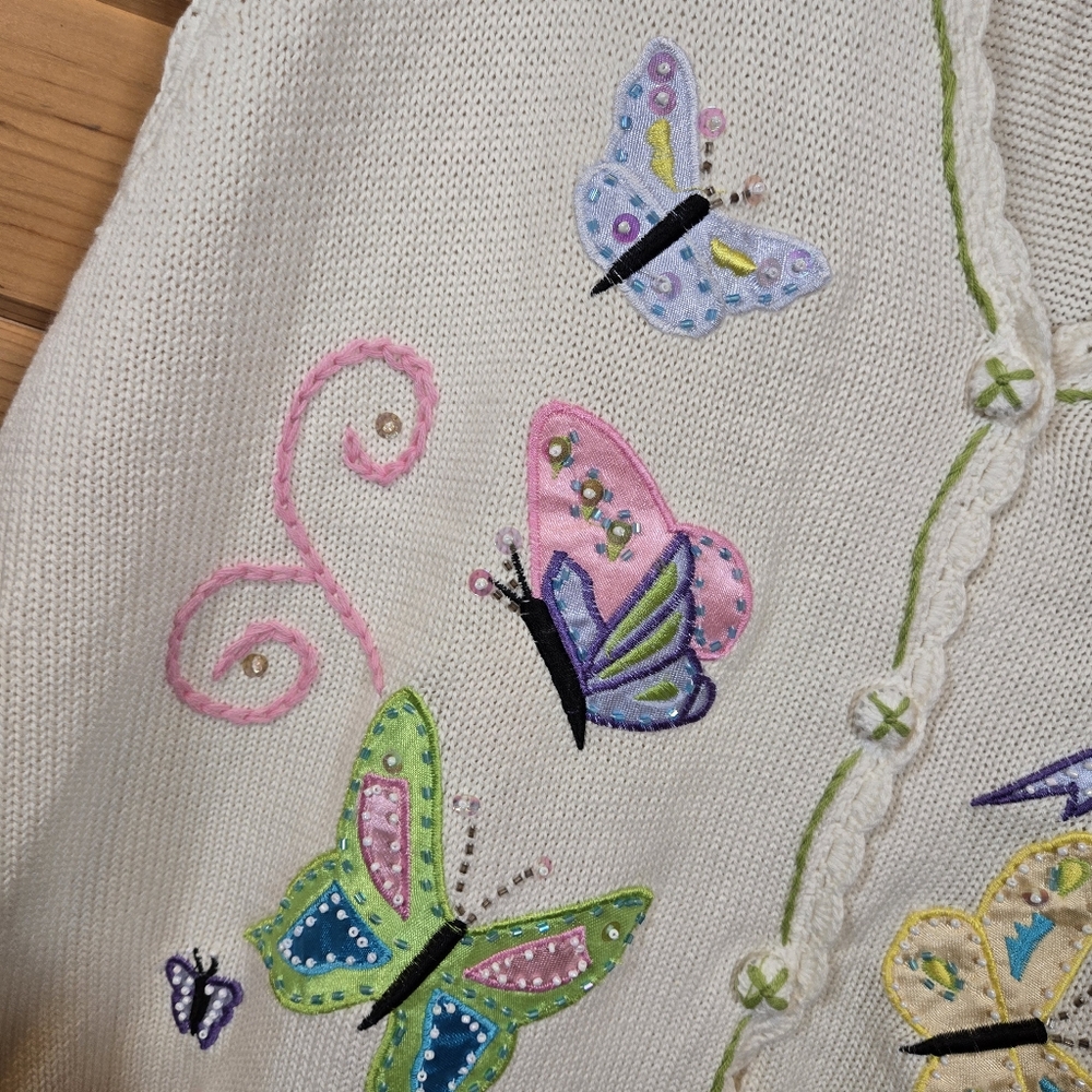 NWT Bobbie Brooks Knit Sweater Vest Embroidered Butterfly Ivory Womens XL Spring - Picture 3 of 7